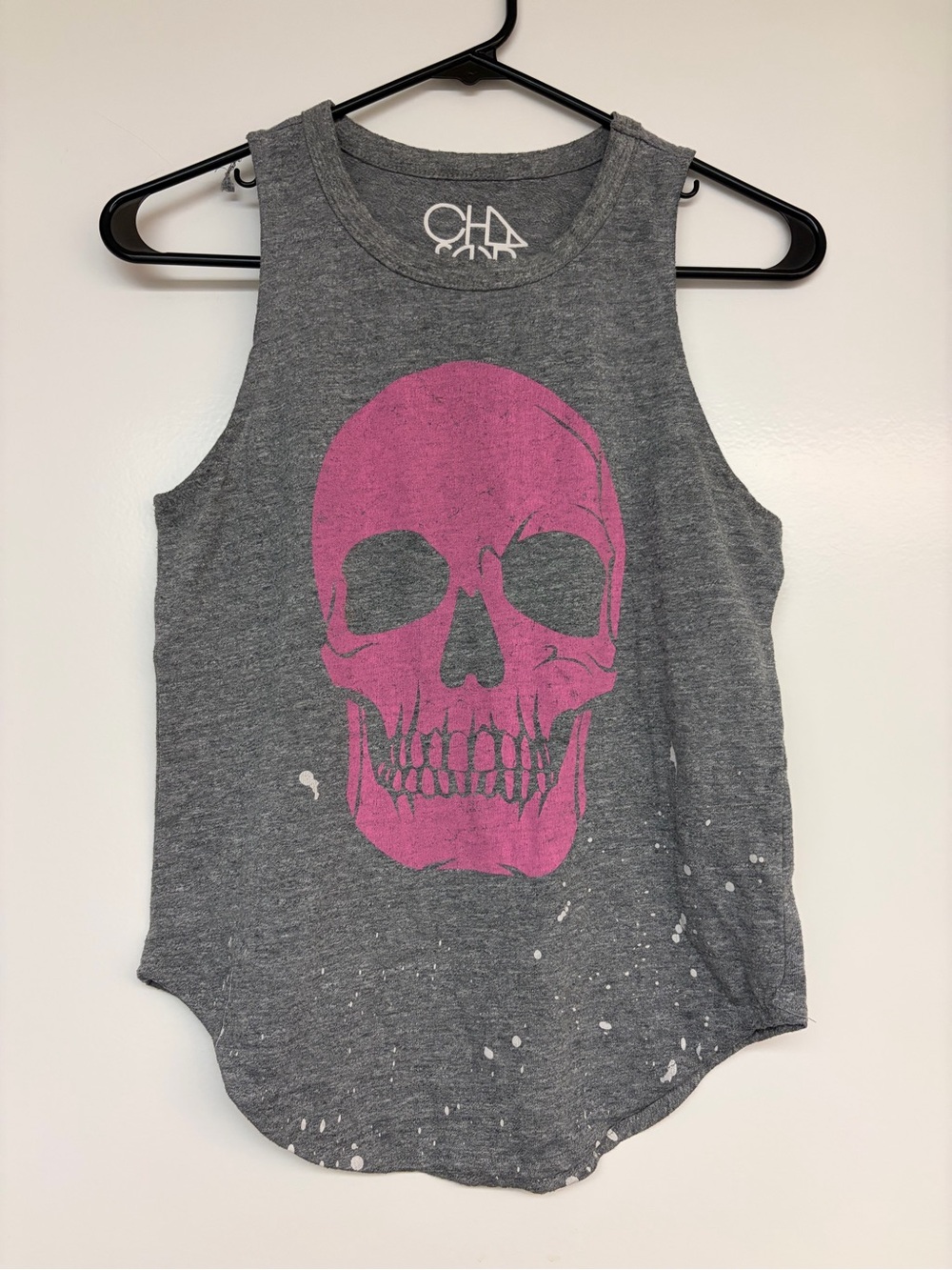 Chaser Gray Tank Top with Pink Skull Graphic
